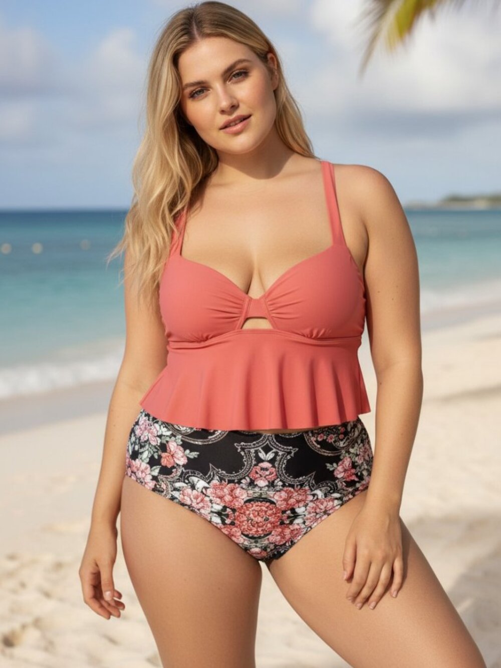 Floral Peplum Tankini Swimsuit Coral Pink Women's Retro Bikini Set - XL